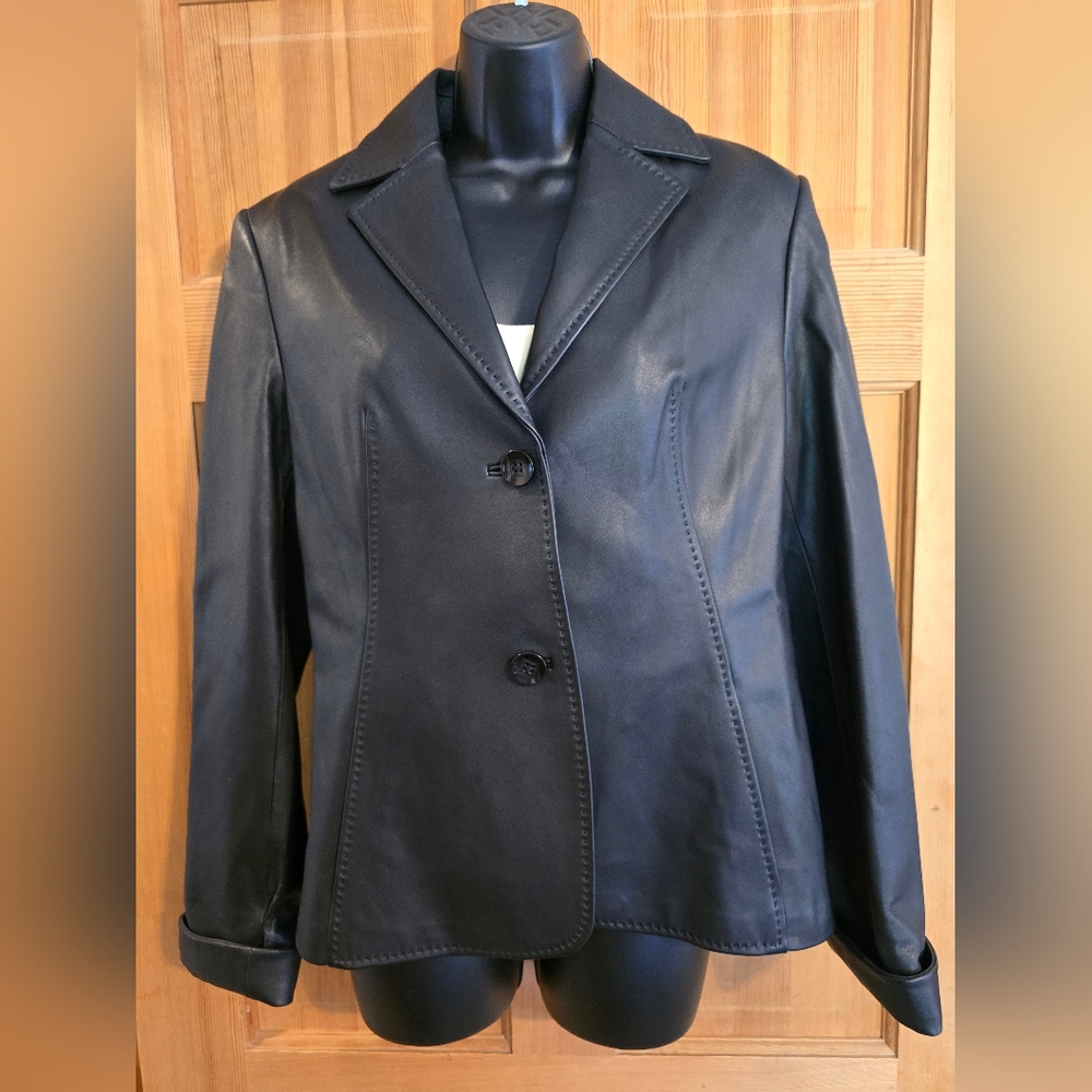 Womans Classic Black Leather Blazer Jacket Tailored Cut Office Biker Size Large - Picture 2 of 13